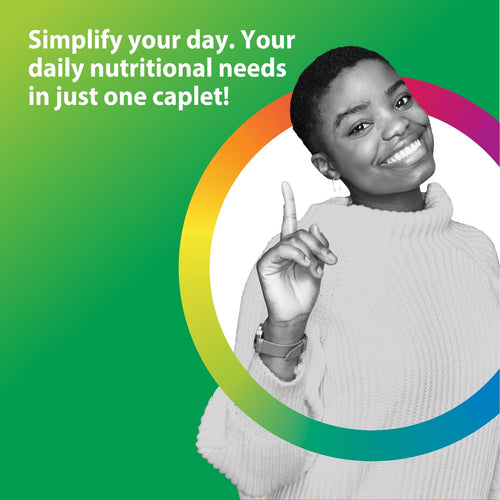 Person with a rainbow circle around them on a green background with text about nutritional needs.