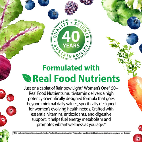 Advertisement for Rainbow Light Women's One 50+ Real Food Nutrients multivitamin with vegetables and fruits on a white background.