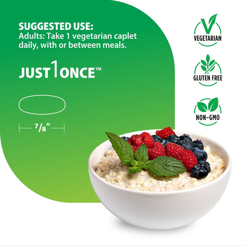 Bowl of oatmeal with berries and mint leaves, featuring 'Just Once' supplement packaging.