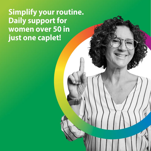 Advertisement with a woman pointing upwards against a green background, promoting daily support for women over 50 in one caplet.