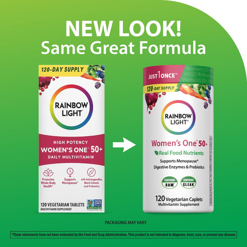 Comparison of Rainbow Light Women's One 50+ multivitamin packaging on a green background with text 'NEW LOOK! Same Great Formula'.
