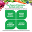 Advertisement for a nutritional product with green text boxes and colorful vegetables on a white background.