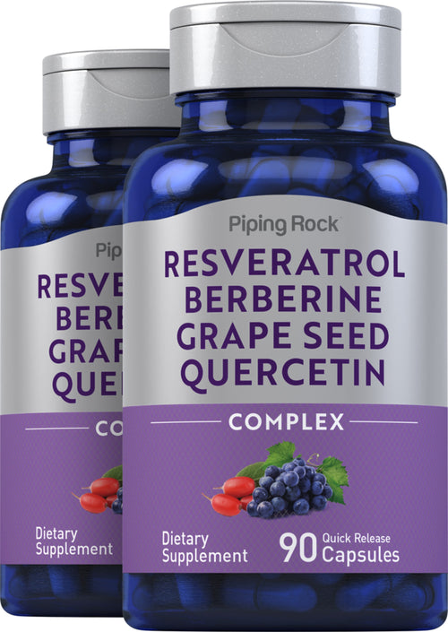 Two bottles of Piping Rock Resveratrol Berberine Grape Seed Quercetin Complex dietary supplements on a white background.