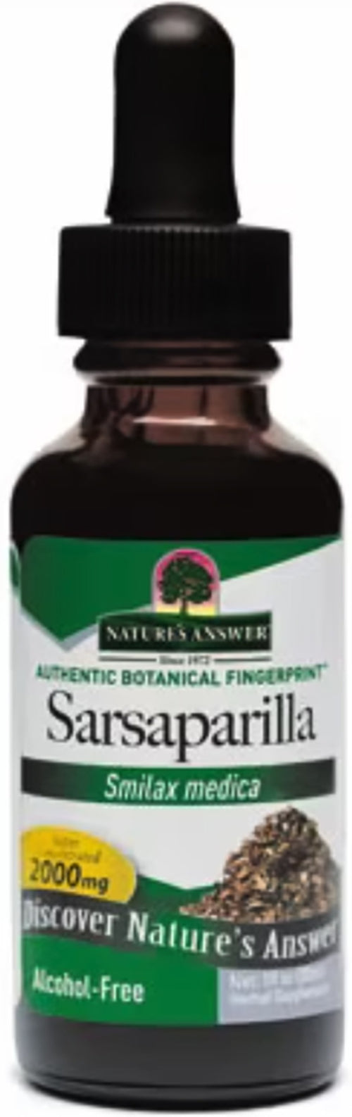 A dropper bottle of Sarsaparilla Root Liquid Extract, alcohol-free, 1 fl oz, with a green label and brown bottle.