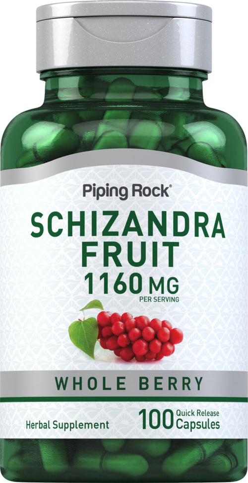 Bottle of Piping Rock Schizandra Fruit supplement with green capsules and red berries on label.