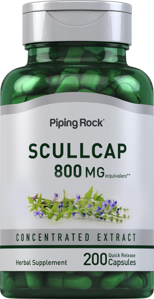 Supplement bottle labeled 'Scullcap 800 MG' by Piping Rock with green capsules.
