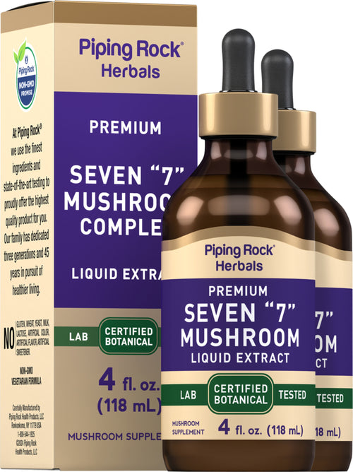 Piping Rock Herbals Seven Mushroom Liquid Extract bottle and packaging on a white background