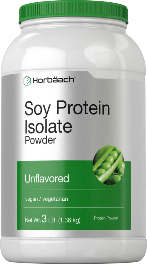 A plastic bottle with a green lid labeled Soy Protein Isolate Powder, unflavored, from HörbaÖch. The bottle is white with a green label and a picture of soybeans.