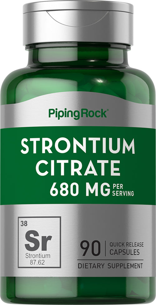 Bottle of Piping Rock Strontium Citrate supplement with green and silver label.