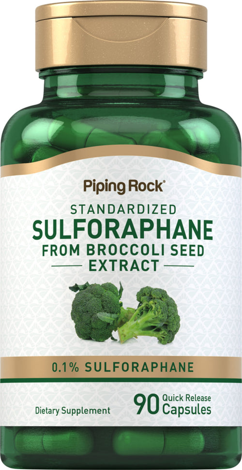 Green supplement bottle labeled 'Sulforaphane from Broccoli Seed Extract' by Piping Rock on a white background.