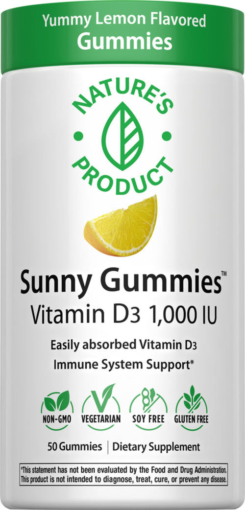Sunny Gummies Vitamin D3 supplement container with lemon flavor and nature's product branding.