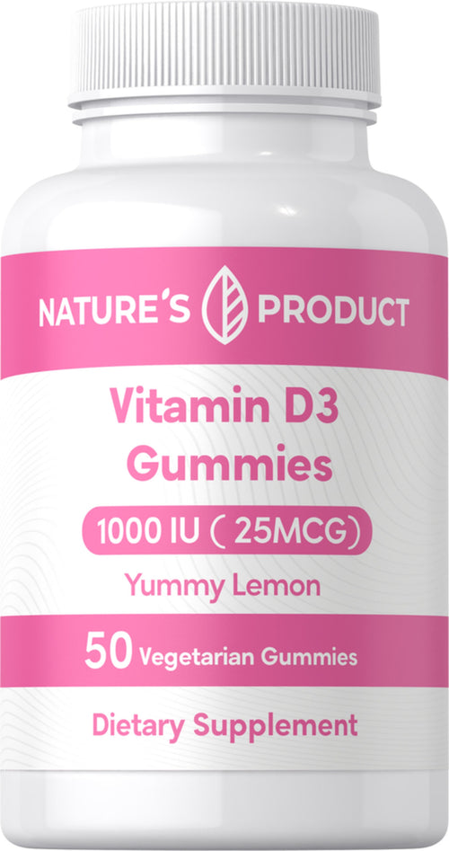 Vitamin D3 gummies bottle with pink label on a white background