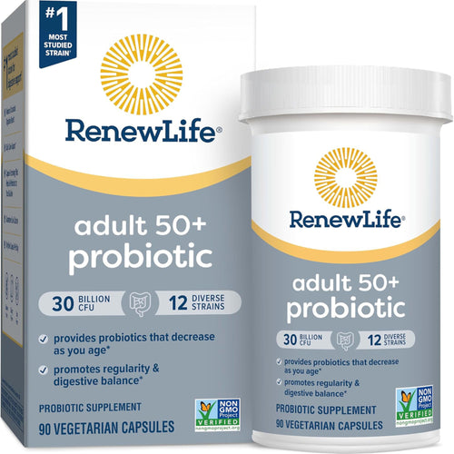 A package and bottle of RenewLife Ultimate Flora 50+ Probiotic, which contains 30 billion CFU and 90 delayed release vegan capsules.