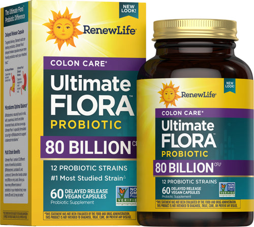 Packaging and bottle of RenewLife Ultimate Flora Colon Care Probiotic 80 Billion, displaying product information and dietary preferences like vegan.