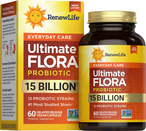 RenewLife Ultimate Flora Probiotic packaging with box and bottle on a white background