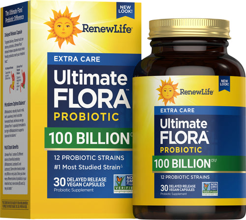 RenewLife Ultimate Flora Probiotic bottle and packaging on a white background