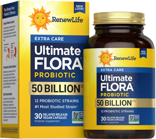 RenewLife Ultimate Flora Probiotic packaging with yellow and blue design