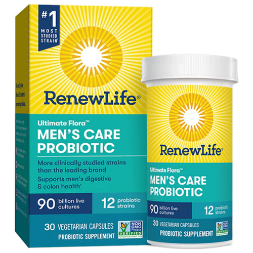 RenewLife Men's Care Probiotic packaging with yellow and blue design