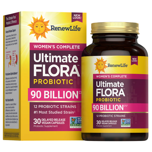 RenewLife Women's Complete Ultimate Flora Probiotic packaging with box and bottle on a white background