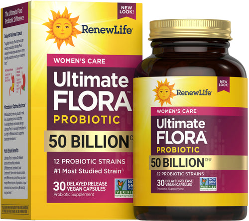 A bottle of RenewLife Ultimate Flora Women's Vaginal Care Probiotic 50 Billion, with its packaging box behind it. The bottle is purple and the packaging has yellow and pink accents with text detailing the product name, benefits, and dosage information.