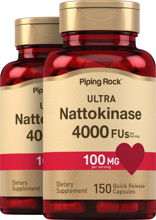 Two bottles of Piping Rock Ultra Nattokinase 4000 Fus dietary supplements on a white background.