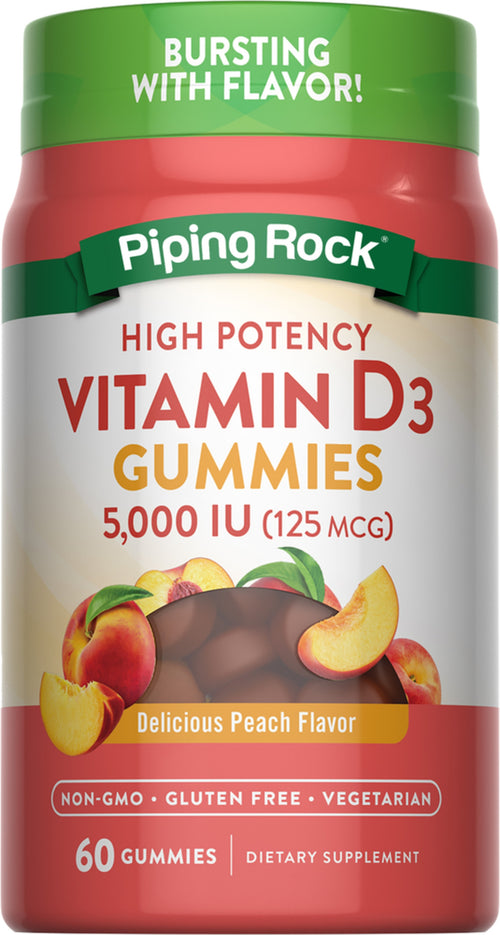 Piping Rock Vitamin D3 Gummies container with peach flavor on a white background