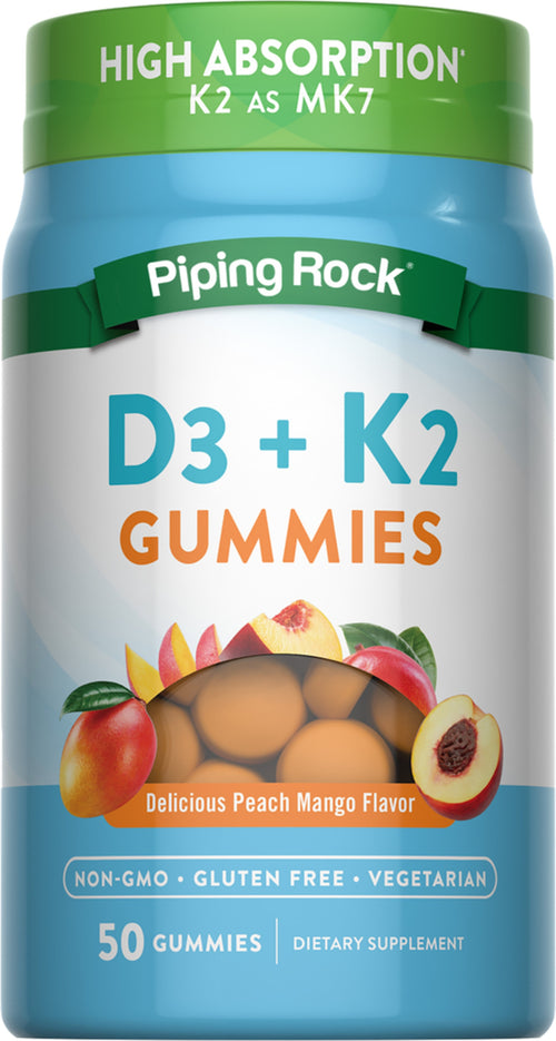 Piping Rock D3 + K2 Gummies supplement bottle with peach mango flavor on a white background