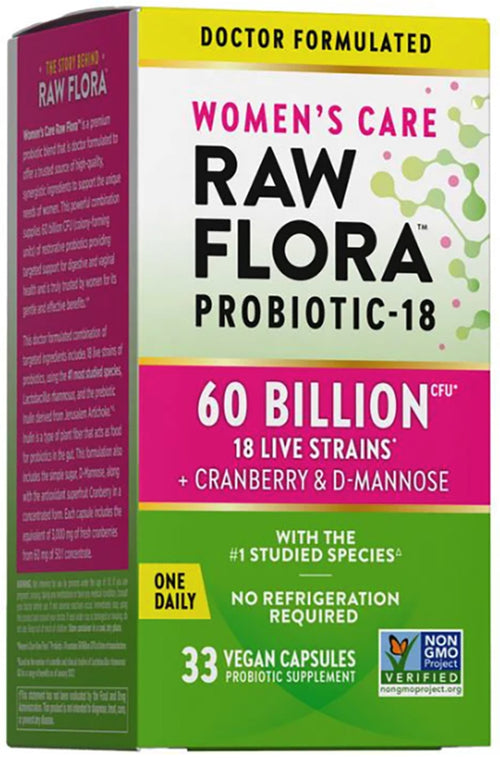 Box of Women's Care Raw Flora Probiotic-18 supplement with colorful design.